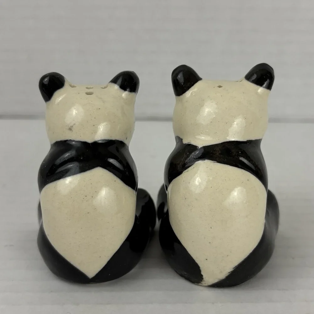 Vintage Pottery Panda Bear Salt Pepper Shakers Black Cream Cork Stoppers